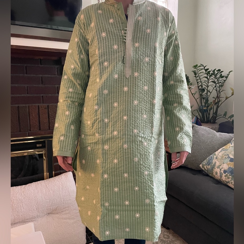 Green and Gold Embroidered Long Kurta Set